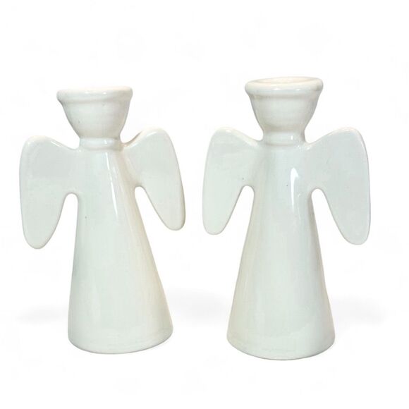 White Ceramic Angel Candle Holders Minimalistic Wedding Holiday Decor set of two - Picture 1 of 10